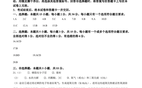 2025年高考山东卷生物真题试卷（纯答案版）_1.高考2025全国各省真题+答案_00.2025各省市高考真题及答案（按省份分类）_13、山东卷（9科全）_生物
