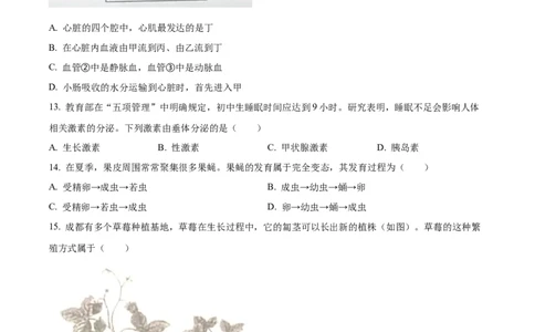 精品解析：2023年四川省成都市中考生物真题（原卷版）_中考真题_8.生物中考真题2015-2024年_2023年全国中考生物7.20_精品解析：2023年四川省成都市中考生物真题