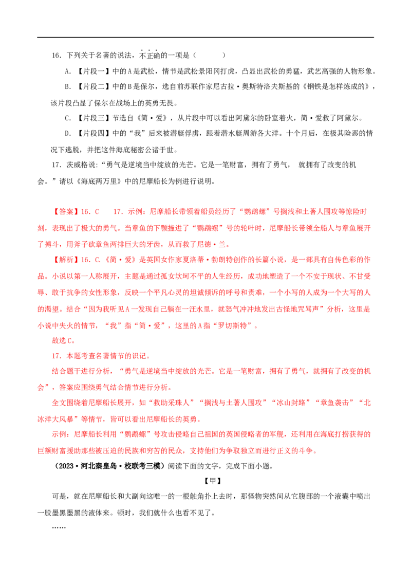 专题04《海底两万里》真题精练（综合题）（解析版）_120中考语文全套复习_中考语文复习总复习_专项复习资料_完2024年中考语文名著阅读知识知识梳理+真题练习_答案解析版