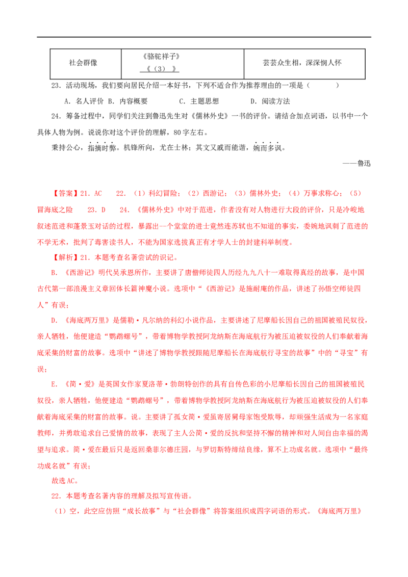 专题04《海底两万里》真题精练（综合题）（解析版）_120中考语文全套复习_中考语文复习总复习_专项复习资料_完2024年中考语文名著阅读知识知识梳理+真题练习_答案解析版