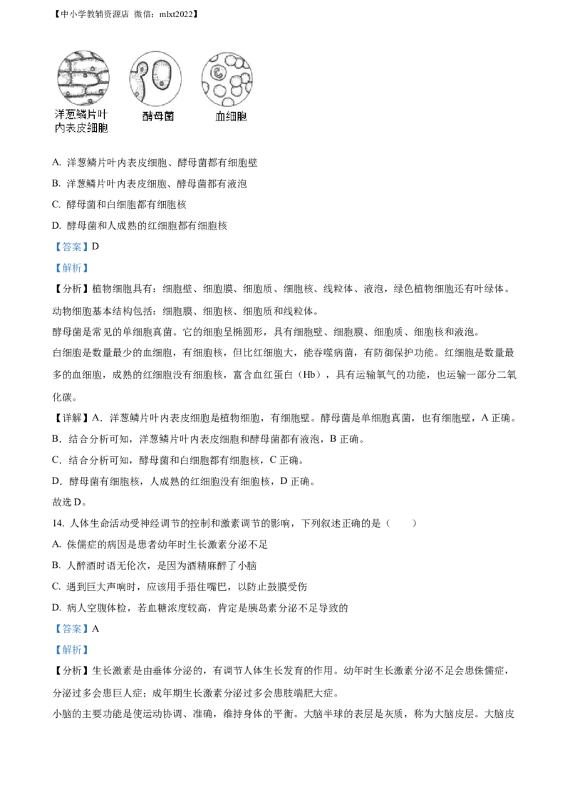精品解析：2022年湖北省襄阳市中考生物真题（解析版）_中考真题_8.生物中考真题2015-2024年_2022年全国中考生物114份14