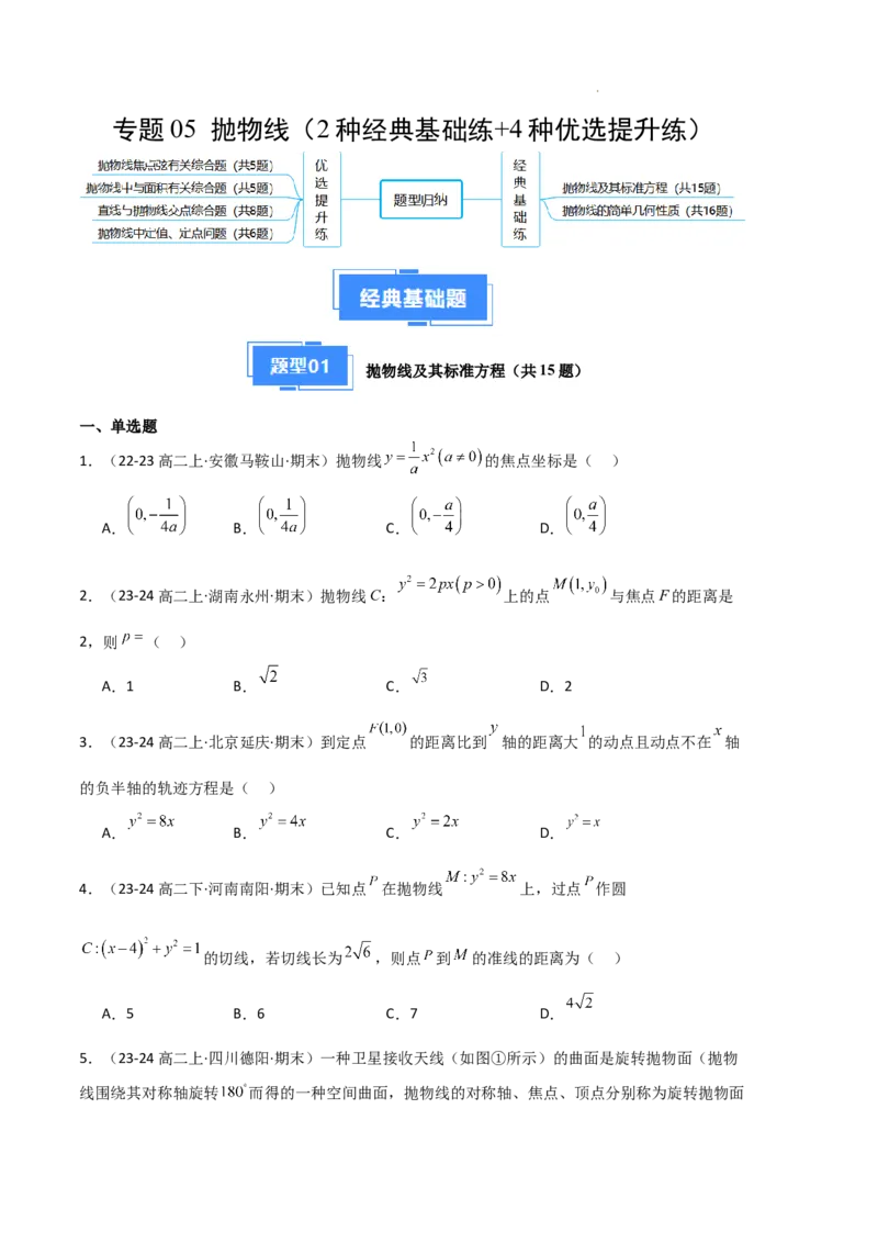 专题05抛物线（2种经典基础练+4种优选提升练）原卷版(1)_1多考区联考_0105好题汇编备战2024-2025学年高二数学上学期期末真题分类汇编（新高考通用）