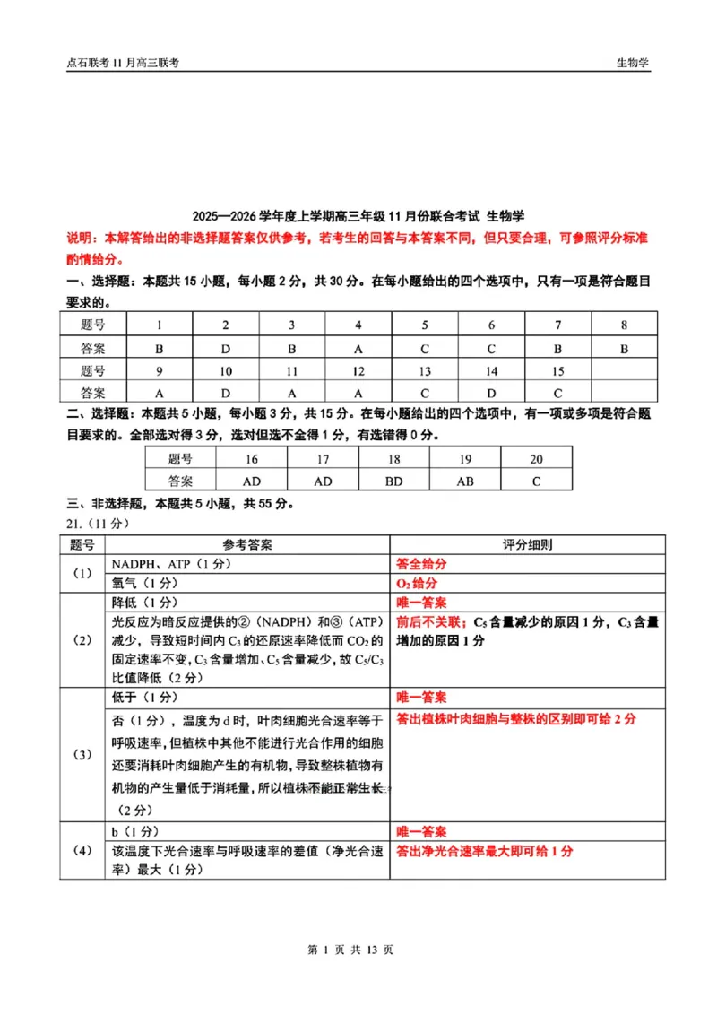 辽宁点石联考2025-2026学年高三上学期11月期中生物答案_251115辽宁点石联考2025-2026学年高三上学期11月期中试题