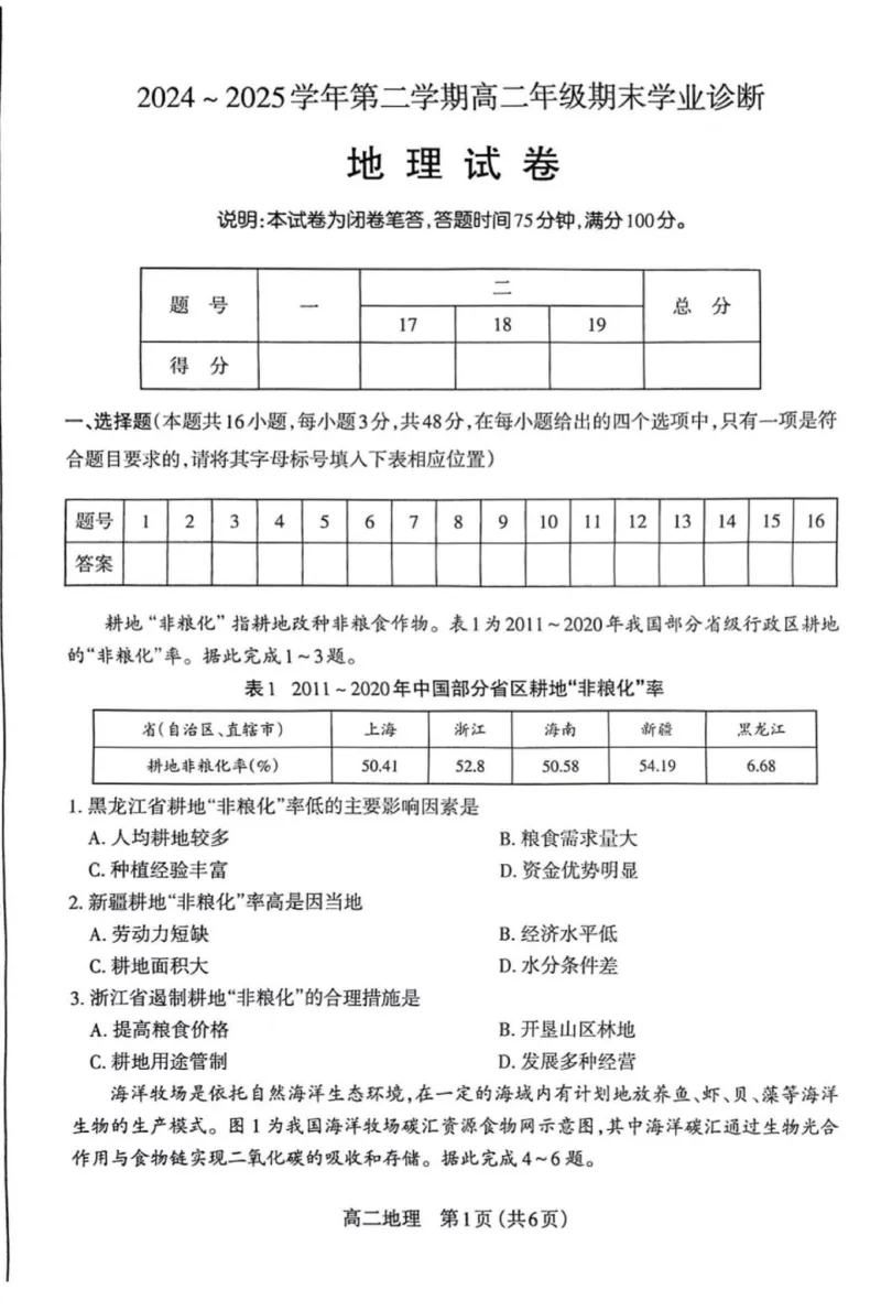 高二地理试题_2025年7月_250702山西省太原市2024-2025学年高二下学期期末（全科）_太原市2024-2025学年高二下学期期末地理
