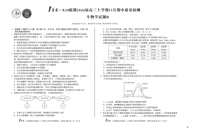 8K生物学（B卷）1号卷&middot;A10联盟2026届高三上学期11月期中质量检测生物学B_2025年11月_251115安徽省A10联盟2026届高三上学期11月期中质量检测（全科）