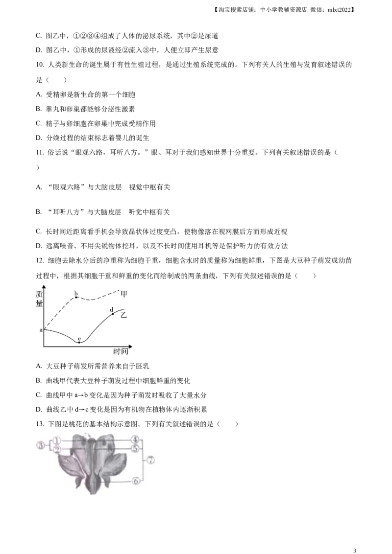 精品解析：2023年四川省内江市中考生物真题（原卷版）_中考真题_8.生物中考真题2015-2024年_2023年全国中考生物7.20_精品解析：2023年四川省内江市中考生物真题