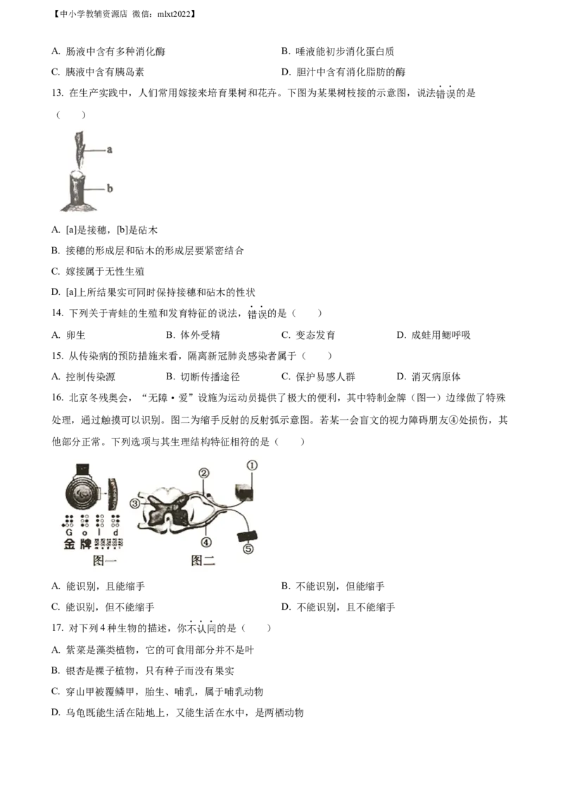精品解析：2022年山东省济宁市学业水平测试生物试题（原卷版）_中考真题_8.生物中考真题2015-2024年_2022年全国中考生物114份14