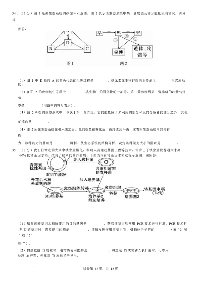 理综试卷-2024届曲靖一中高三第五次月考试卷_2024届云南省曲靖市第一中学高三上学期教学质量监测（五）_云南省曲靖市第一中学2024届高三上学期教学质量监测（五）理综