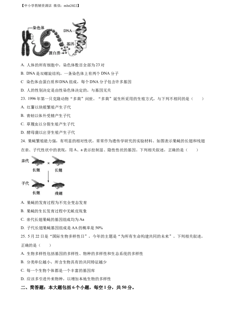 精品解析：2022年山东省东营市中考生物真题（原卷版）_中考真题_8.生物中考真题2015-2024年_2022年全国中考生物114份14