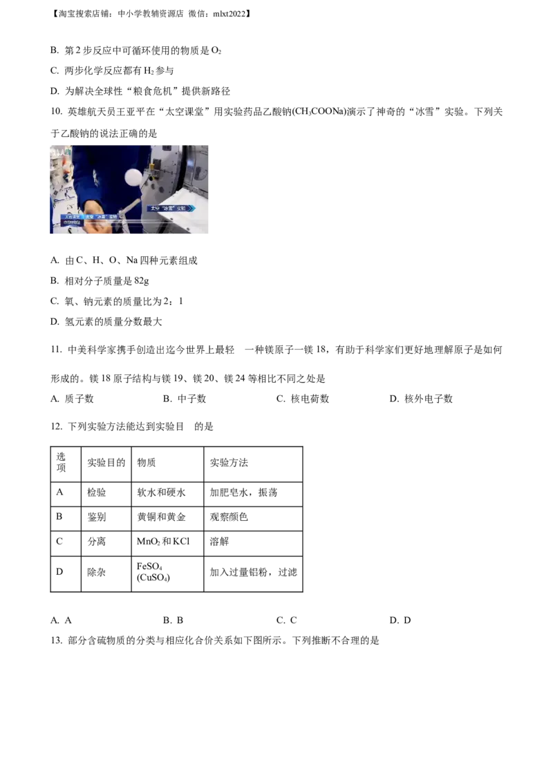 精品解析：2022年江苏省盐城市中考化学真题（原卷版）_中考真题_5.化学中考真题2015-2024年_地区卷_江苏省_盐城中考化学2008--2022年