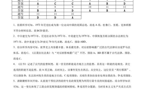 历史答案_2024届重庆缙云教育联盟高三高考第一次诊断性检测（一模）_重庆缙云教育联盟2024届高三高考第一次诊断性检测（一模）历史