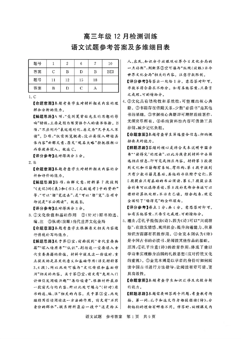 高三语文试题参考答案及多维细目表_2025年12月_251225湖南省2026届高三第一次八省联考（T8联考）（全科）
