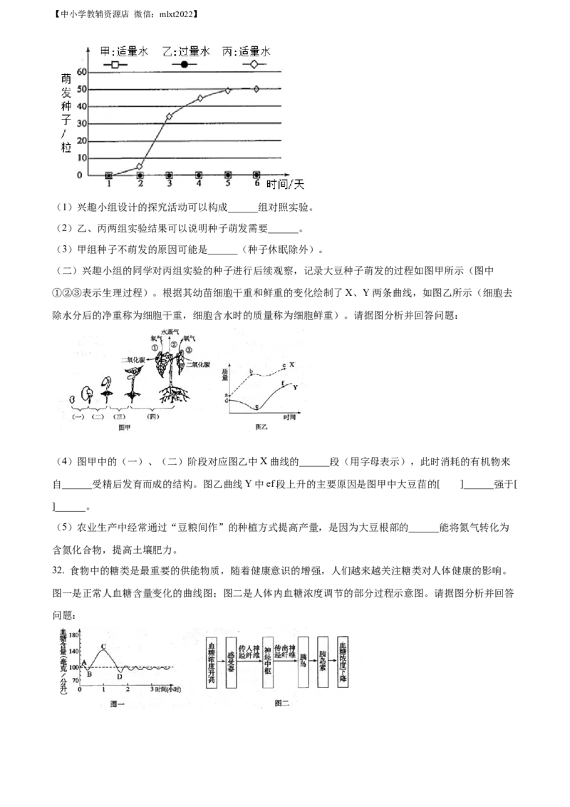 精品解析：2022年山东省滨州市中考生物真题（原卷版）_中考真题_8.生物中考真题2015-2024年_2022年全国中考生物114份14