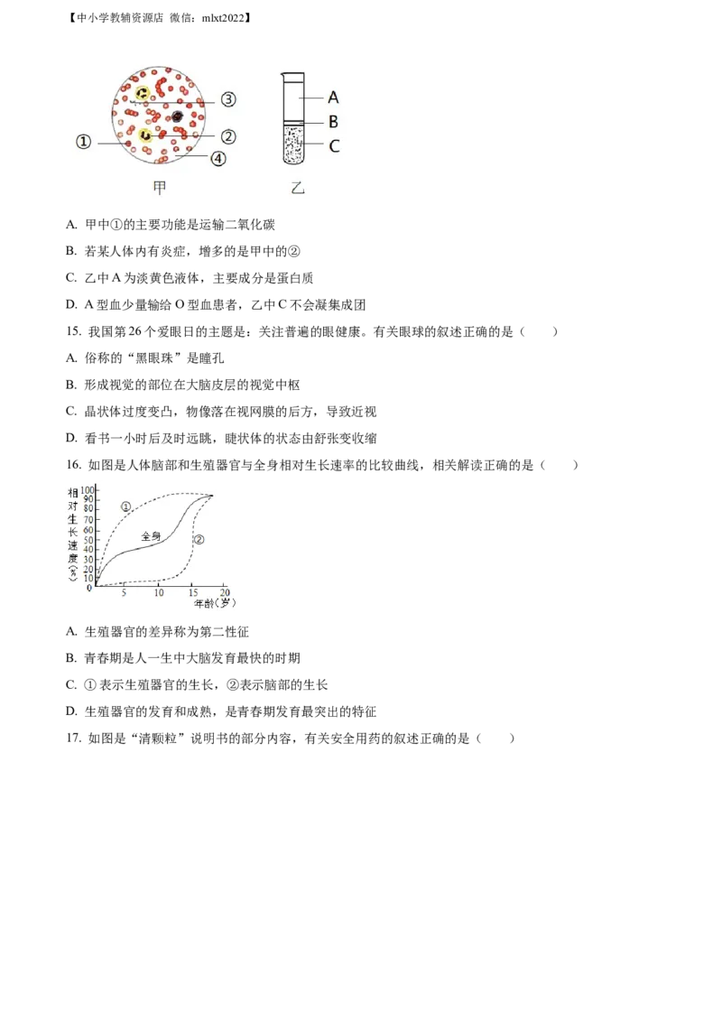 精品解析：2022年山东省滨州市中考生物真题（原卷版）_中考真题_8.生物中考真题2015-2024年_2022年全国中考生物114份14