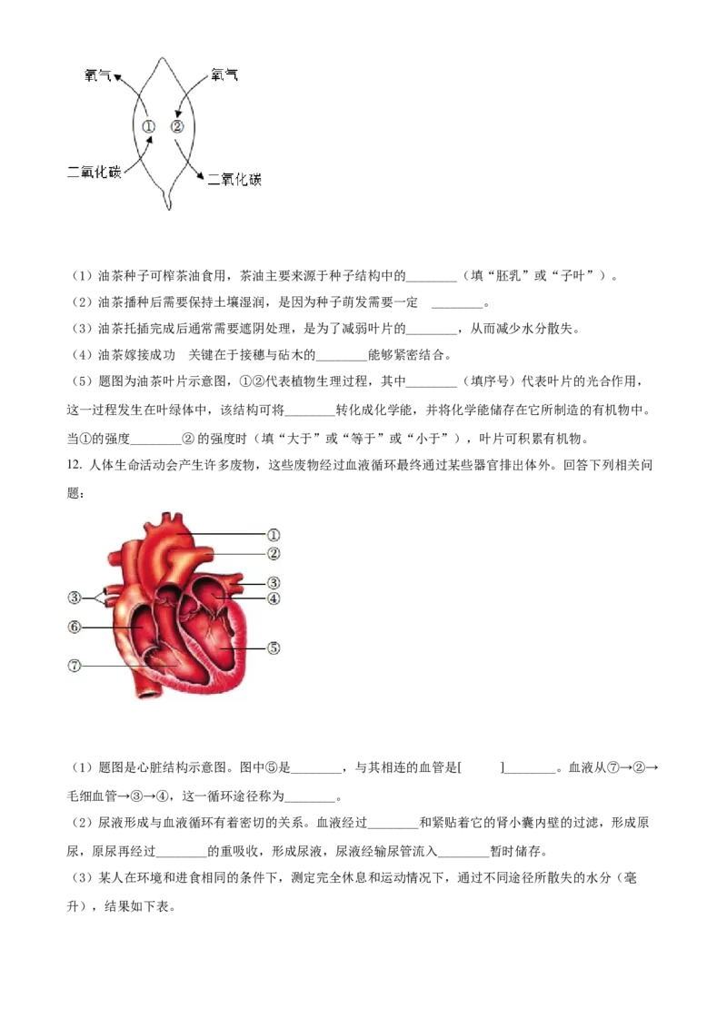 精品解析：2022年湖北省咸宁市中考生物真题（原卷版）_中考真题_8.生物中考真题2015-2024年_2022年全国中考生物114份14