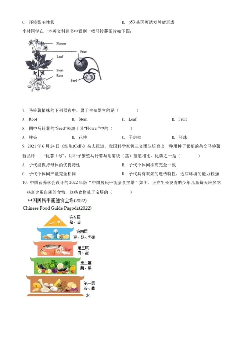 精品解析：2022年山西省晋中市中考生物真题（原卷版）_中考真题_8.生物中考真题2015-2024年_2022年全国中考生物114份14