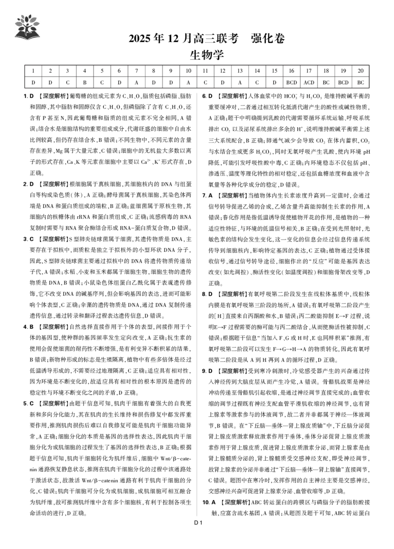 生物答案_2025年12月_251219东北精准教学联盟2025年12学高三联考考后强化卷（全科）
