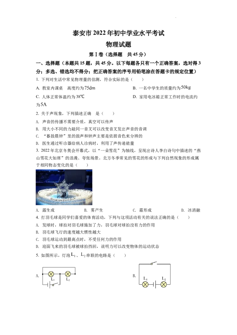 精品解析：2022年山东省泰安市中考物理真题（原卷版）_中考真题_4.物理中考真题2015-2024年_地区卷_山东省