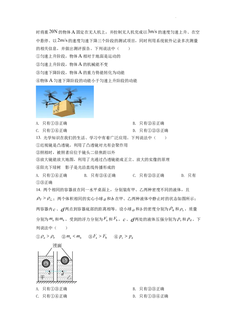 精品解析：2022年山东省泰安市中考物理真题（原卷版）_中考真题_4.物理中考真题2015-2024年_地区卷_山东省