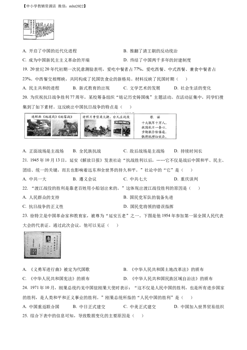 精品解析：2022年山东省青岛市中考历史真题（原卷版）_中考真题_6.历史中考真题2015-2024年_2022中考历史真题104份18