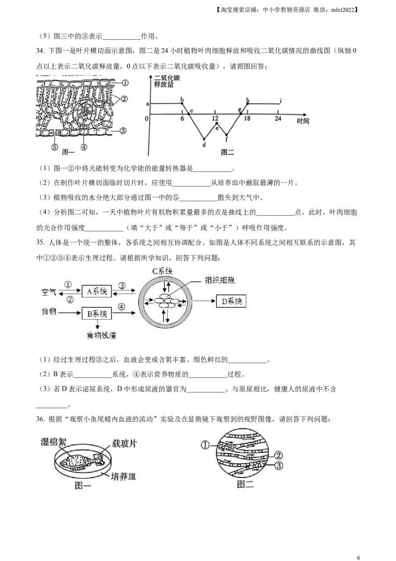 精品解析：2023年湖南省怀化市中考生物真题（原卷版）(1)_中考真题_8.生物中考真题2015-2024年_2023年全国中考生物7.20_精品解析：2023年湖南省怀化市中考生物真题