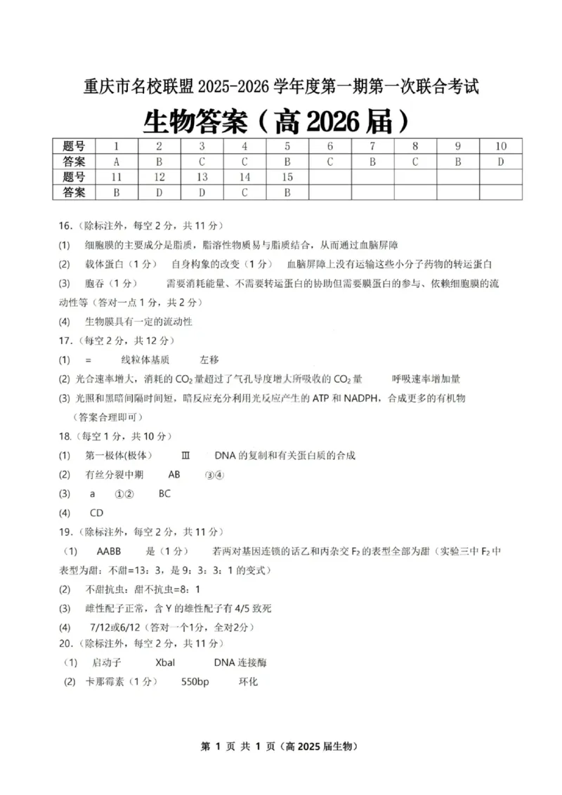重庆市名校联盟2025-2026学年度高三上学期第一次联合考试生物答案_251103重庆市名校联盟2025-2026学年高三上学期第一次联合考试（全科）
