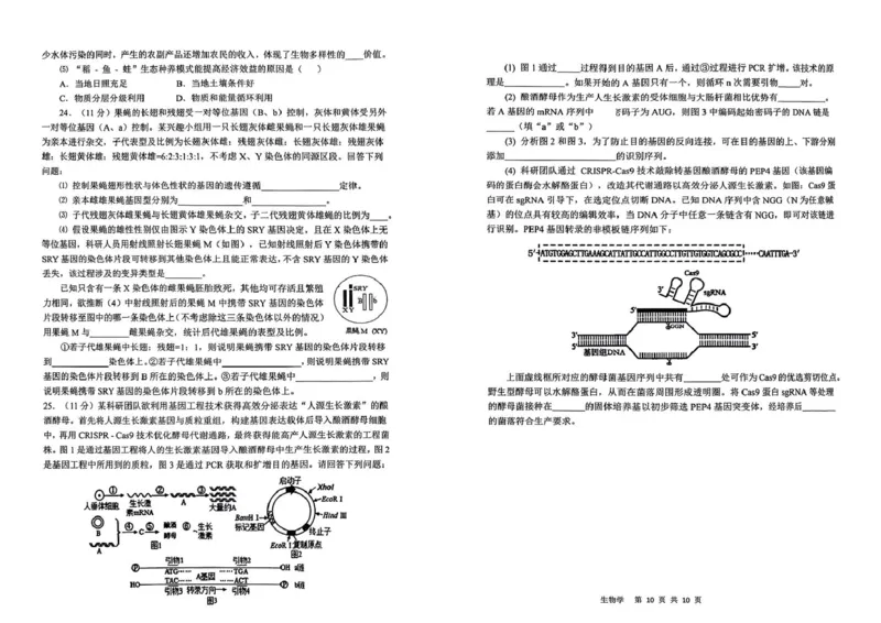 黑龙江省哈尔滨市2024-2025学年高二下学期7月期末生物试题_2025年7月_250717黑龙江省哈尔滨市2024-2025学年高二下学期期末质量检测（全科）