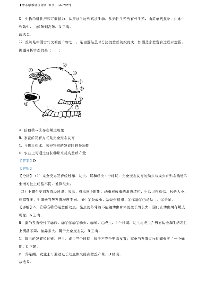 精品解析：2022年山东省日照市中考生物真题（解析版）_中考真题_8.生物中考真题2015-2024年_2022年全国中考生物114份14