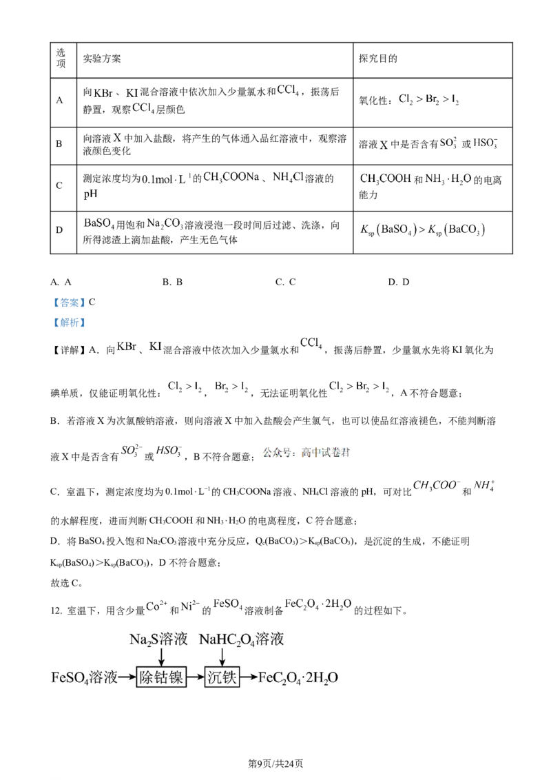 精品解析：2024届江苏省连云港市高三第一次调研考试(一模)化学试题（解析版）_2024届江苏省淮安市、连云港市高三上学期第一次调研考试（一模）