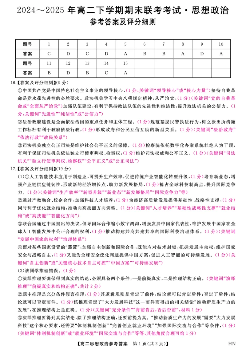 金科&middot;新未来7月3-4日高二联考-政治评分细则_2025年7月_250707河南省金科&middot;新未来2024-2025学年高二下学期期末联考考试（全科）_金科&middot;新未来7月3-4日高二联考答案