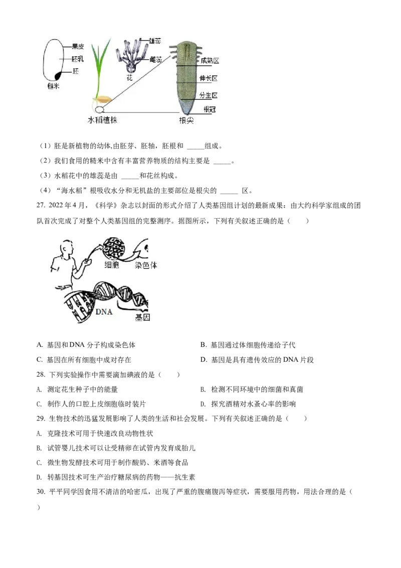精品解析：2022年新疆维吾尔自治区新疆生产建设兵团中考生物真题（原卷版）_中考真题_8.生物中考真题2015-2024年_2022年全国中考生物114份14