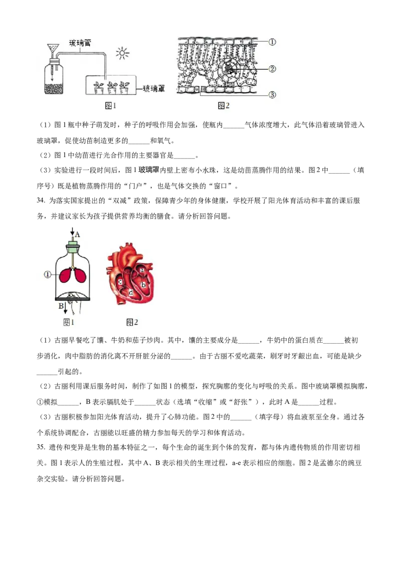精品解析：2022年新疆维吾尔自治区新疆生产建设兵团中考生物真题（原卷版）_中考真题_8.生物中考真题2015-2024年_2022年全国中考生物114份14