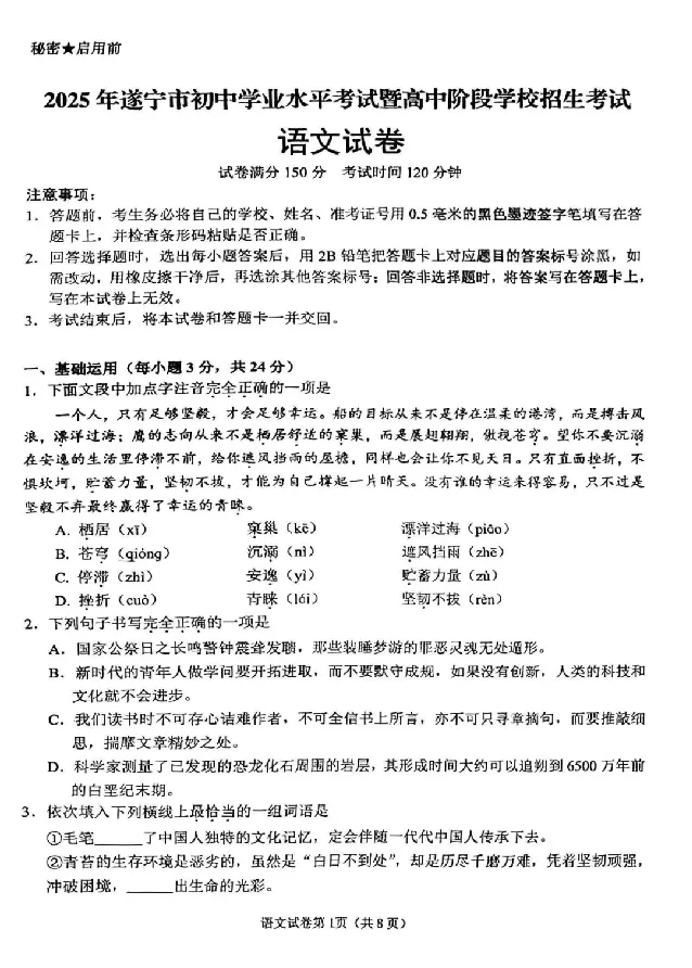 2025遂宁中考语文真题及答案_2025全国各地《中考真题试卷及答案》_2025遂宁中考真题及答案