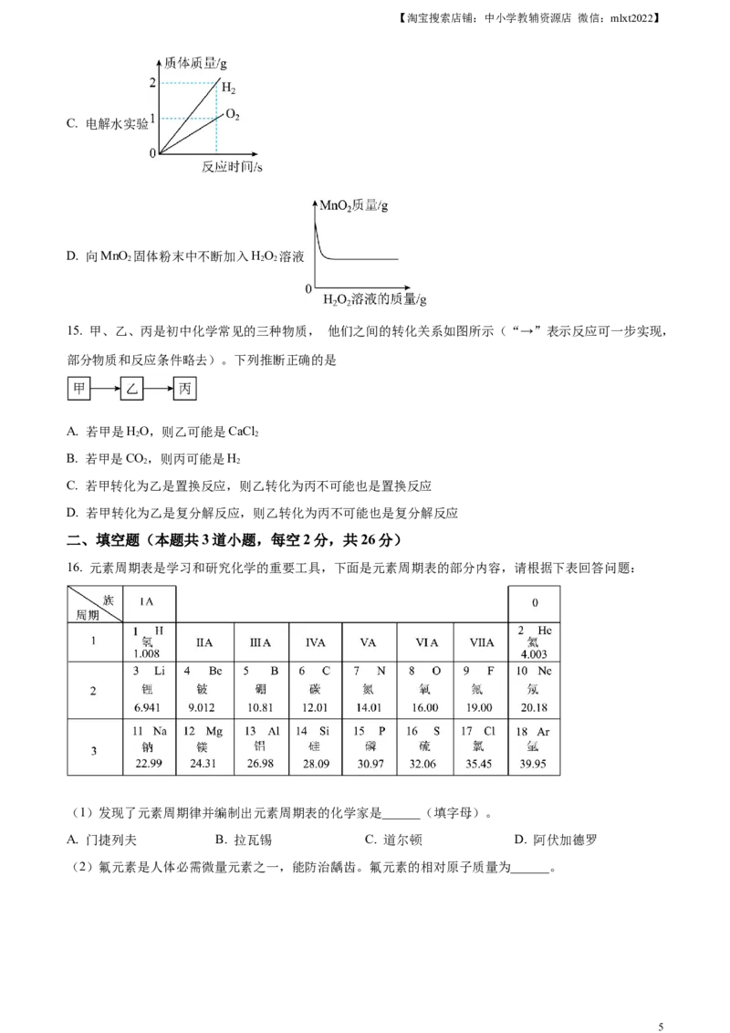 精品解析：2023年湖南省岳阳市中考化学真题（原卷版）_中考真题_5.化学中考真题2015-2024年_2023年中考化学真题7.20_精品解析：2023年湖南省岳阳市中考化学真题