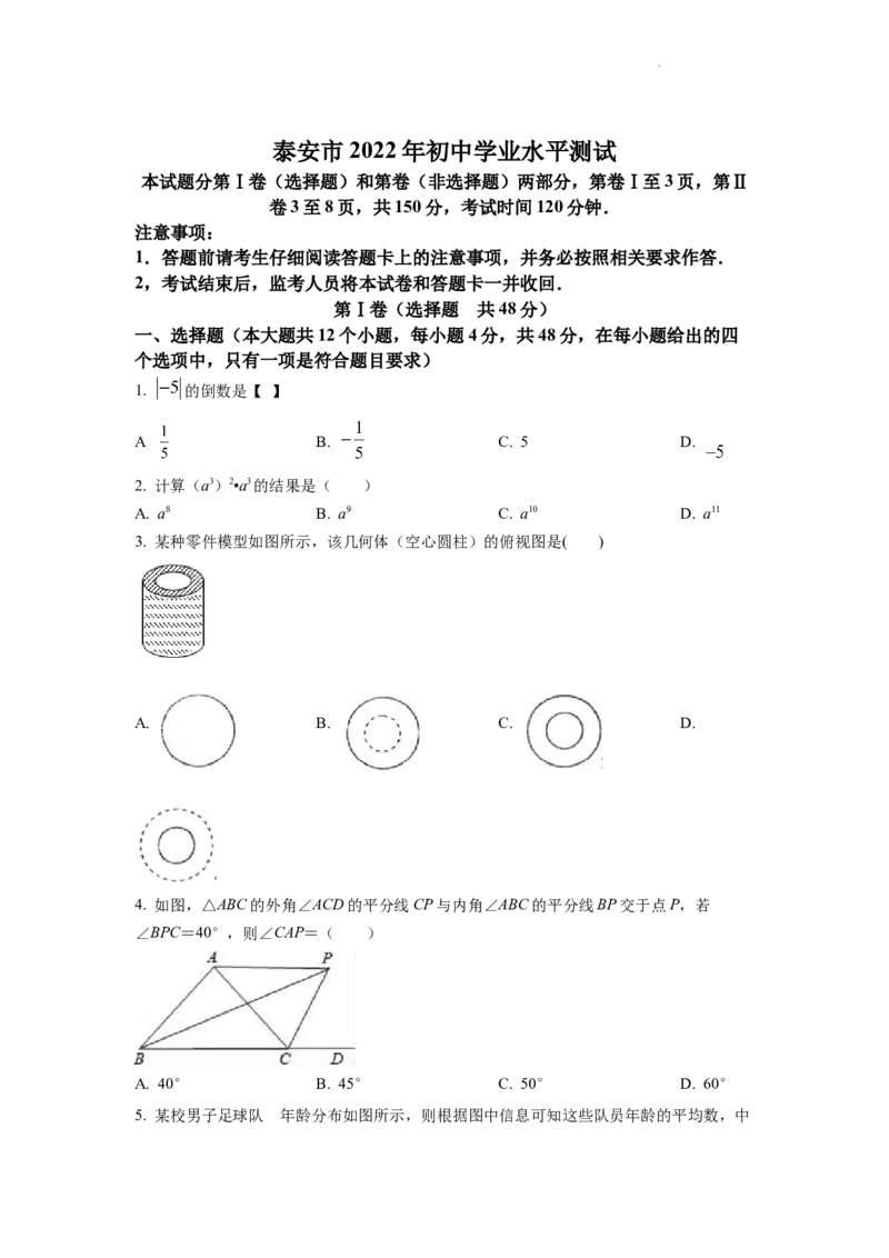 精品解析：2022年山东省泰安市中考数学真题（原卷版）_中考真题_2.数学中考真题2015-2024年_2022中考数学真题145份13_601