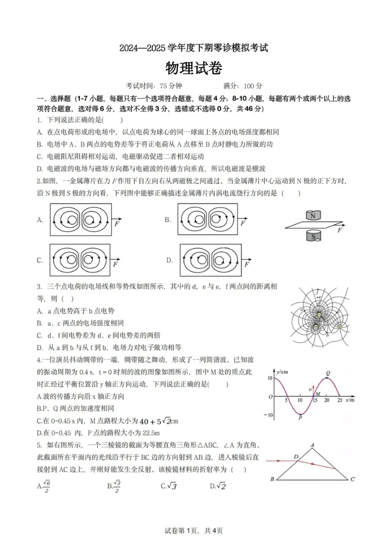 物理试题-四川省成都市第七中学2024-2025学年度下期高2026届零诊模拟考试_2025年6月_250625四川省成都市第七中学2024-2025学年度下期高2026届零诊模拟考试（全科）