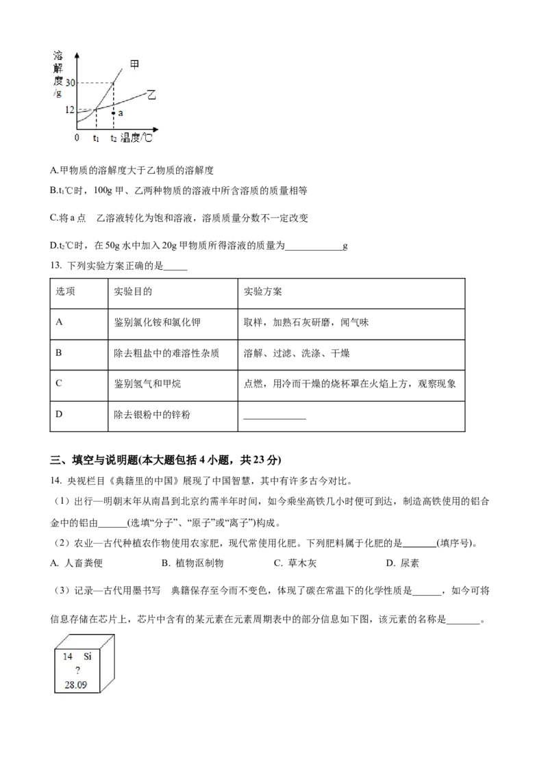 精品解析：2022年江西省中考化学真题（原卷版）_中考真题_5.化学中考真题2015-2024年_2022年中考化学真题（127份）14