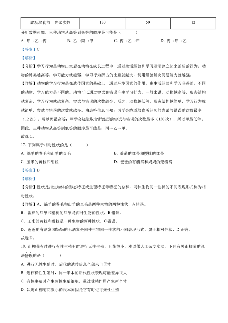 精品解析：2022年海南省中考生物真题（解析版）_中考真题_8.生物中考真题2015-2024年_2022年全国中考生物114份14