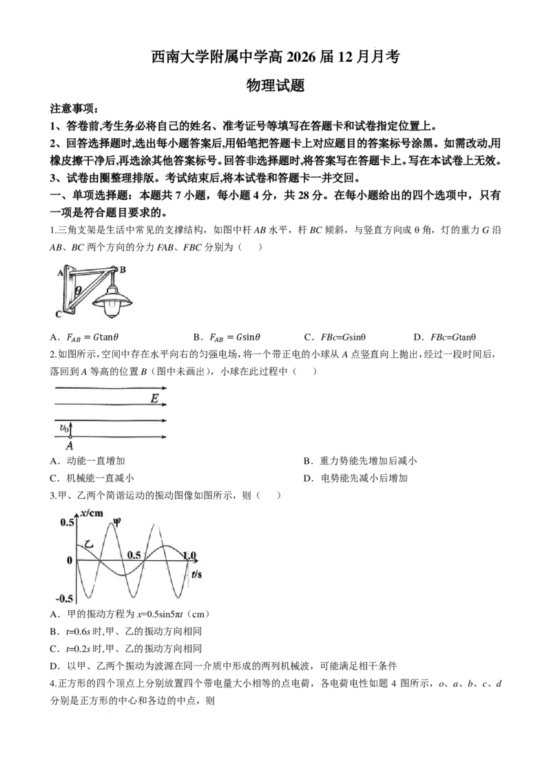 重庆西南大学附属中学校2026届高三上学期12月月考物理试题_2025年12月_251214重庆市西南大学附属中学校2025-2026学年高三上学期12月月考