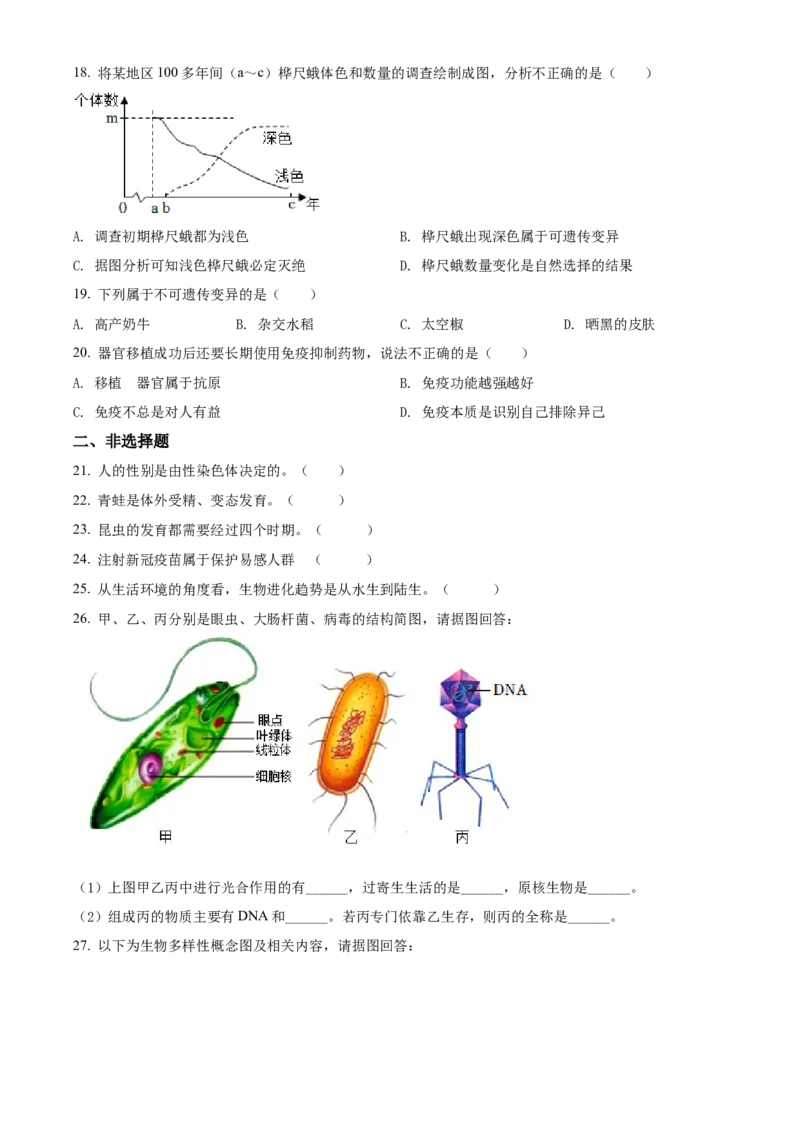 精品解析：2022年湖南省岳阳市中考生物真题（原卷版）_中考真题_8.生物中考真题2015-2024年_2022年全国中考生物114份14