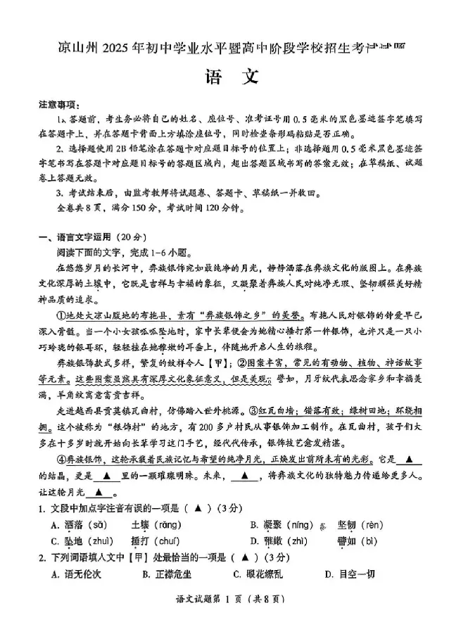 2025凉山中考语文真题试卷_2025全国各地《中考真题试卷及答案》_2025凉山中考真题及答案