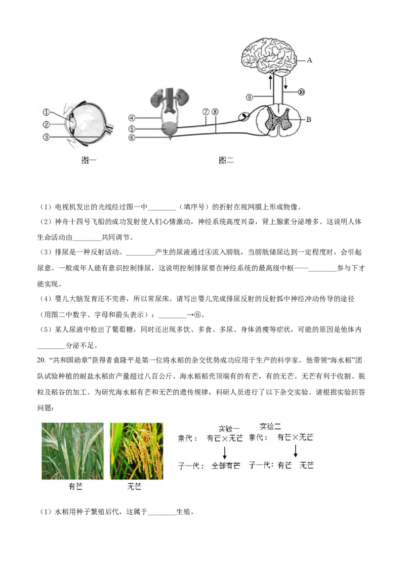 精品解析：2022年广西北部湾经济区中考生物真题（原卷版）_中考真题_8.生物中考真题2015-2024年_2022年全国中考生物114份14