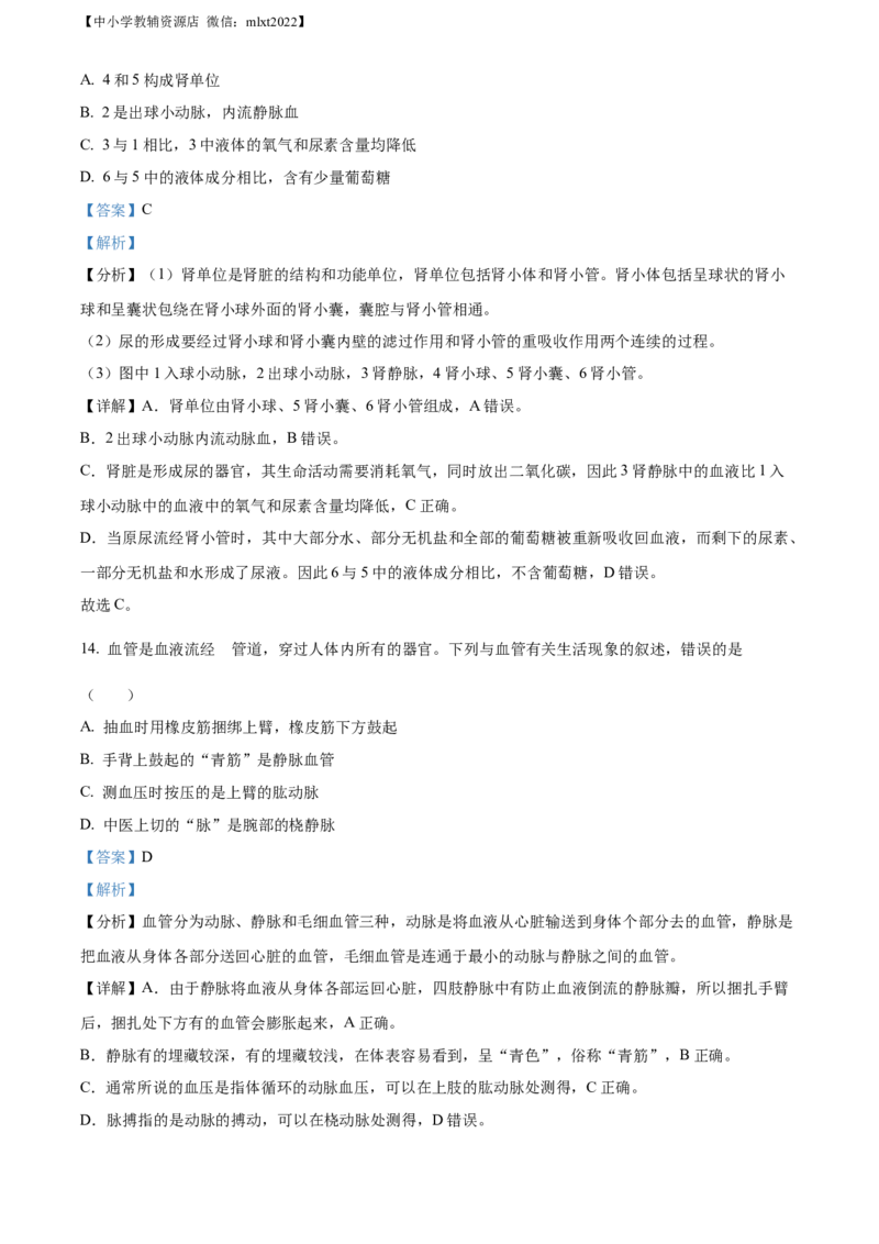 精品解析：2022年山东省东营市中考生物真题（解析版）_中考真题_8.生物中考真题2015-2024年_2022年全国中考生物114份14