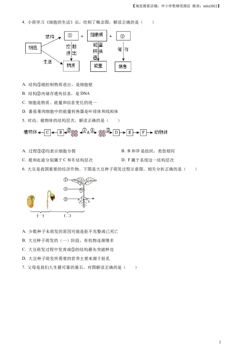 精品解析：2023年湖北省宜昌市中考生物真题（原卷版）_中考真题_8.生物中考真题2015-2024年_2023年全国中考生物7.20_精品解析：2023年湖北省宜昌市中考生物真题