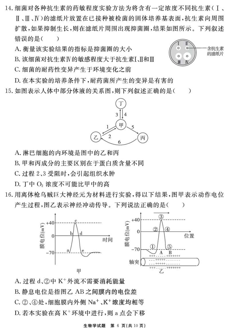 安徽省合肥一六八中学2023-2024学年高三上学期名校名师测评卷（四）生物试题_2024届安徽省合肥一六八中学高三上学期名校名师测评卷（四）