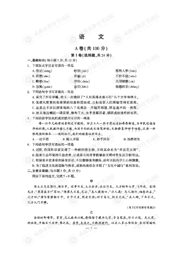 2025成都中考语文真题及答案解析_2025全国各地《中考真题试卷及答案》_2025成都中考真题及答案