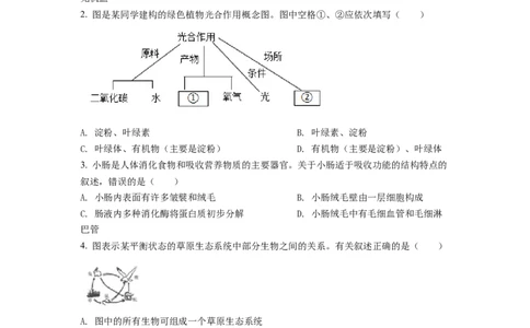 精品解析：2022年江苏省连云港市中考生物真题（原卷版）_中考真题_8.生物中考真题2015-2024年_2022年全国中考生物114份14