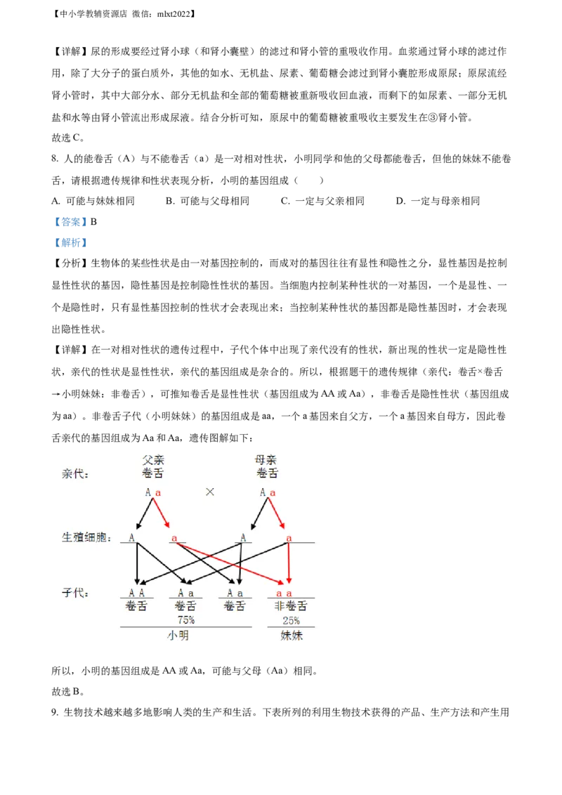 精品解析：2022年安徽省中考生物真题（解析版）_中考真题_8.生物中考真题2015-2024年_2022年全国中考生物114份14