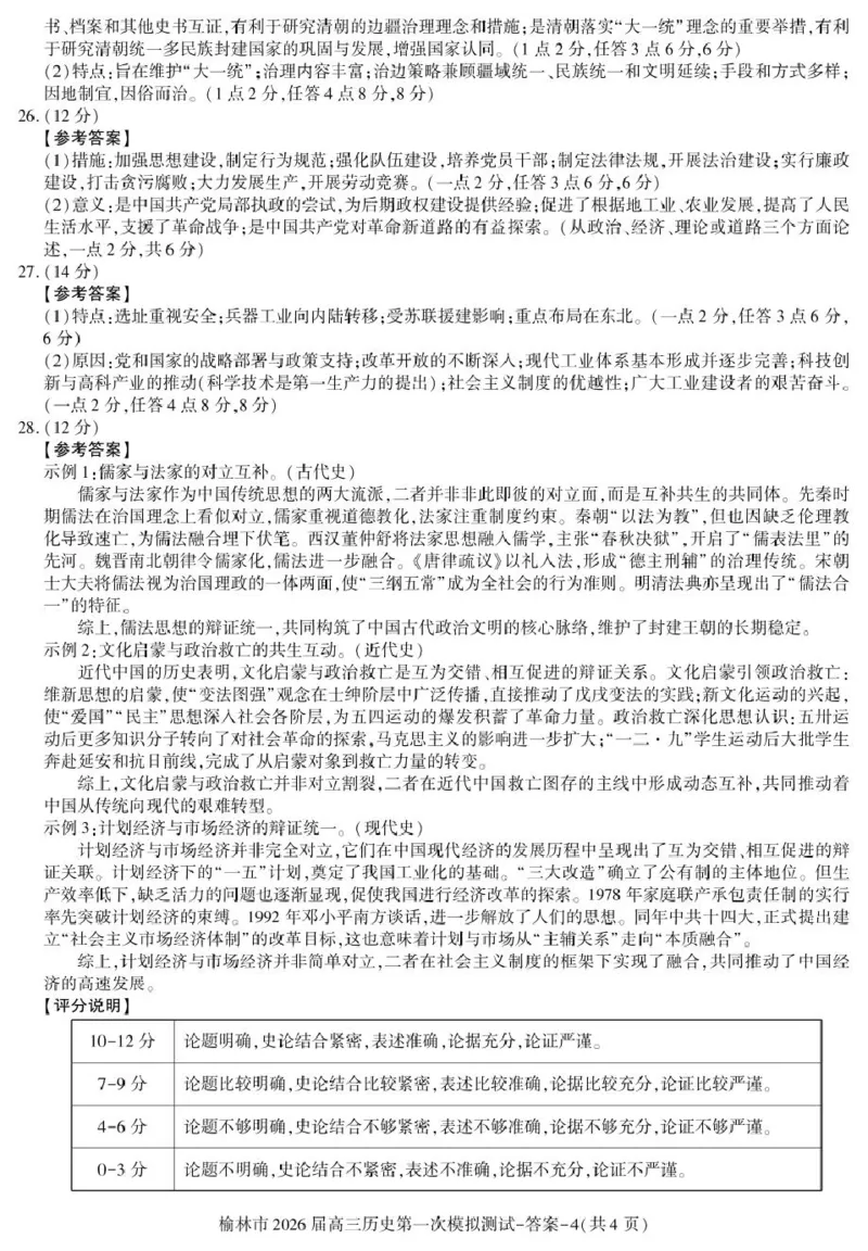 陕西省榆林市2026届高三上学期第一次模拟测试历史试卷（含解析）_251119陕西省榆林市2026届高三上学期第一次模拟测试（全科）