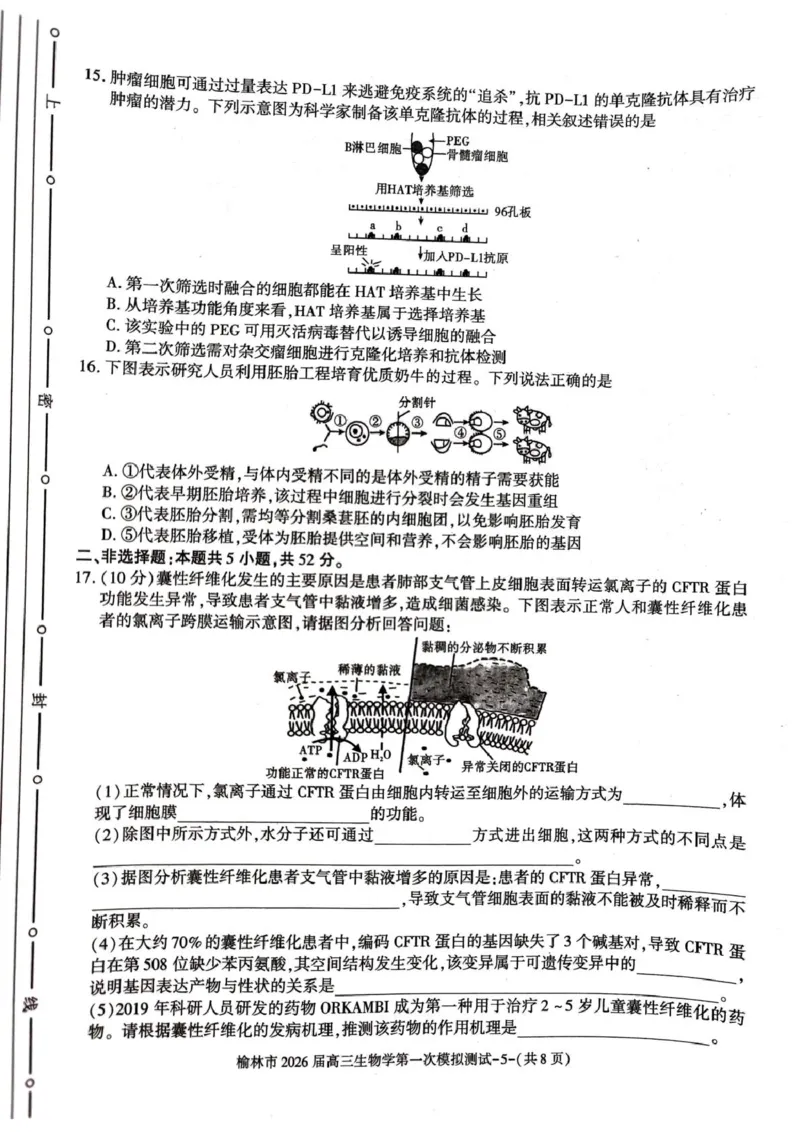 陕西省榆林市2026届高三上学期第一次模拟测试生物试卷（含解析）_251119陕西省榆林市2026届高三上学期第一次模拟测试（全科）